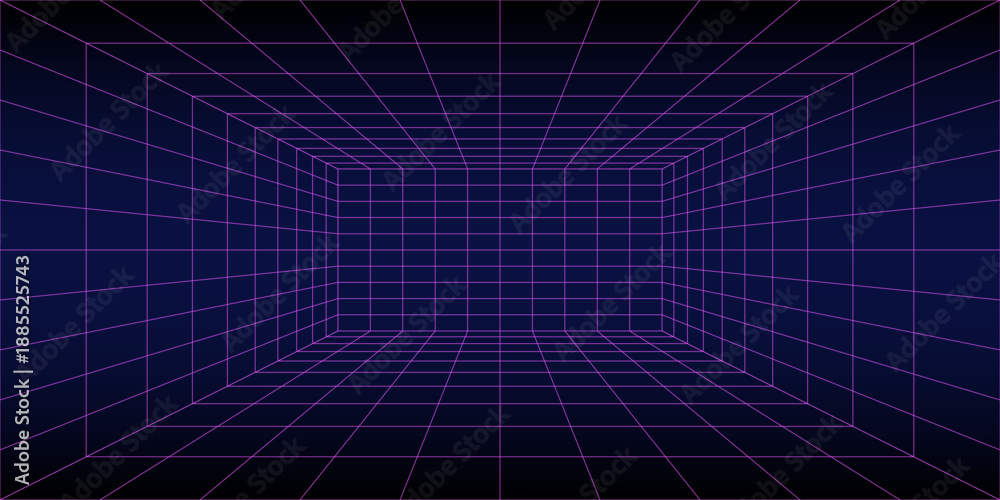Obraz premium Futuristic cyberpunk grid room vector background. Neon pink lines create a 3D perspective tunnel for tech designs.