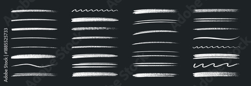 White hand drawn underline strokes and highlight lines, chalk and brush doodle vector elements collection isolated