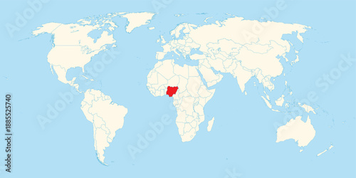 professional world map graphic pinpointing the geographical location of nigeria highlighted with a red color mark