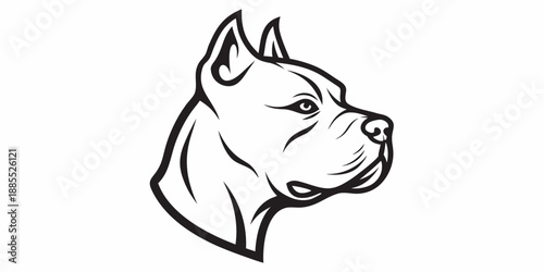 A striking black and white line art illustration of a pit bull s head