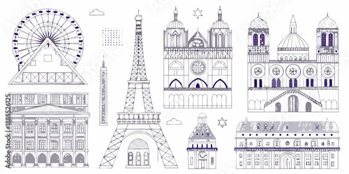 Parisian landmarks and attractions a detailed line art illustration