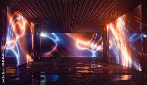Studio space with a large display on the wall, neon lighting. 3D Illustration