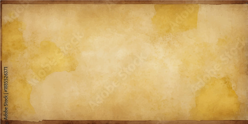 A blank vintage parchment with a stained grunge texture lies on an antique brown wood wall, featuring a worn sepia design on an aged sheet of ancient paper