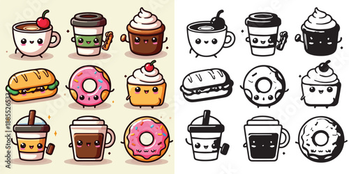 Cute kawaii food characters - vectors and silhouettes of coffee, donuts & snacks
