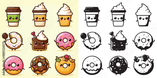 Cute kawaii food characters - vectors and silhouettes of coffee, donuts & snacks