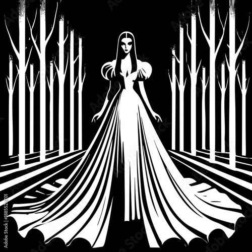 Path to Forest: Woman in a long dress standing in a forest path.