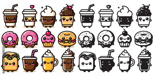 Cute kawaii food characters - vectors and silhouettes of coffee, donuts & snacks