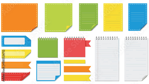 Diverse set of colorful sticky notes, masking tapes, and spiral notebooks with page curls for organization and stationary design.