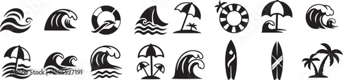 Summer Symbols wave, parasol, surfboard, summer, life ring, ocean wave, parasol, summer theme, beach, summer, including waves, a life ring, parasols, and surfboards.