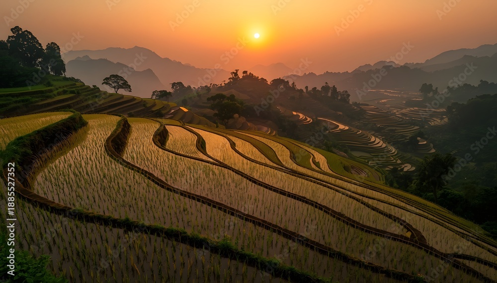 Fototapeta premium Peaceful Rice Terraces at Sunset with Golden Hour Glow