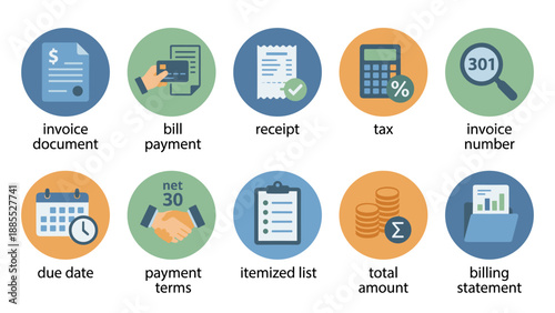 Invoice billing icons set collection. Document bill payment receipt tax number due date financial accounting business administration paperwork template symbols vector illustration