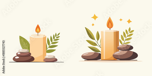 A serene spa still life features burning wax candles in elegant holders, creating a warm candlelight glow and festive decoration for a dark holiday celebration night