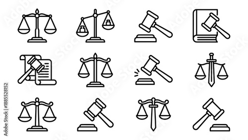 Vector icons legal law scales gavels. Outline style. Justice symbols. Courtroom hammer balance. Lawyer attorney equipment. Linear design. Jurisdiction concept. Authority. Verdict.