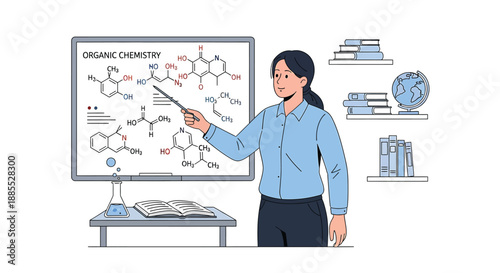 Illustration of a teacher explaining organic chemistry concepts on a whiteboard, surrounded by books and science equipment