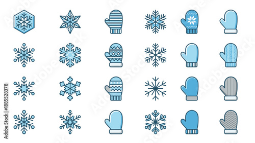 Winter snowflake and mitten icon set of 24 unique vector symbols, clean geometric outline style, blue cold weather pictograms for Christmas, frost, UI, app, web, infographic