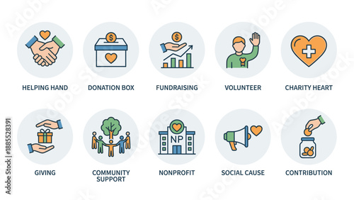 Charity donation nonprofit icon set. Volunteering fundraising community support helping hand giving contribution social cause heart symbols. Philanthropy humanitarian aid vector