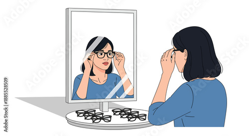 Woman trying on glasses in front of a mirror at an eyewear store