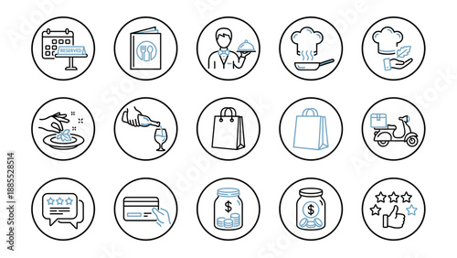 Restaurant service line icons set. Dining symbols. Food delivery, waiter, chef, reservation, menu, payment, tips, review, wine. Linear signs for cafe app UI. Vector illustration.