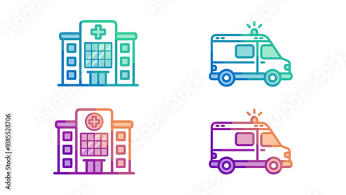 Hospital building and ambulance icon set. Medical healthcare emergency vector. Modern gradient line art. Clinic architecture and transport vehicle. Medicine concept illustration sign.