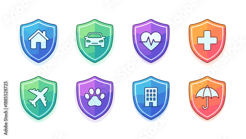 Insurance shield icons set. Gradient protection badges. Modern security symbols house car health life. Safety guarantee coverage signs. Web buttons. Defensive emblem. Risk guard.