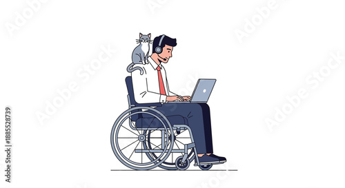 Disabled Man with Cat in Wheelchair Working on Laptop with Headset