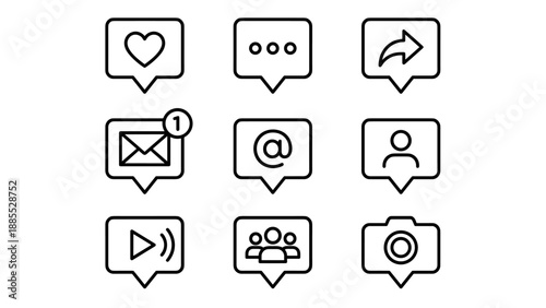 Social media notification icons set. Minimalist line art symbols. Communication speech bubbles. Like heart, chat comment, share, mail. Modern UI app interface elements. Black outline.