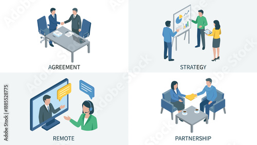 Isometric business negotiation scenes set. Corporate teamwork. Agreement handshake, strategy presentation, remote video call, partnership meeting. 3D office people concept vector.