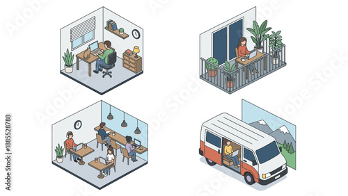 Isometric remote work set. Home office desk. Balcony terrace. Coworking space. Digital nomad van life. Freelance business. Telecommuting people. Laptop workspace collection.