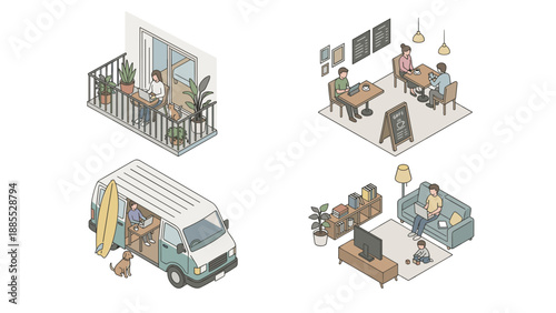 Remote work isometric scenes set. Digital nomad lifestyle vector. Home office living room. Cafe workspace. Camper van travel job. Balcony workplace. Telecommuting concept. Freelance.