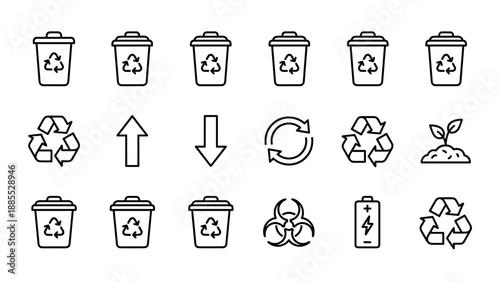 Recycling icons vector line set. Eco waste management symbols. Trash bin and sustainable energy. Green environment concept. Outline garbage can. Biohazard, battery sign. Minimalist art.