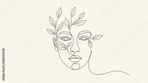 Woman Face with Leaves Line Art Portrait.