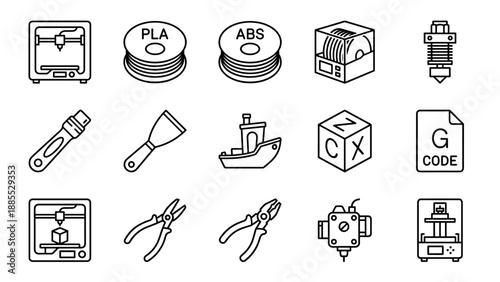 3D printing vector icons set. Additive manufacturing symbols. Industrial printer equipment outline. Filament spool PLA ABS. Extruder nozzle tools line art. Rapid prototyping technology.