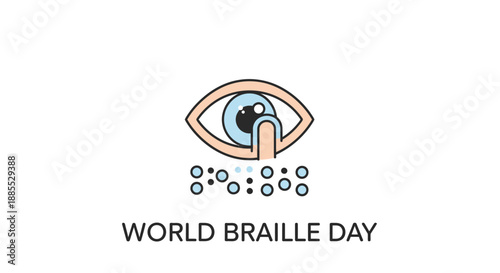 An illustration of an eye with braille dots, symbolizing World Braille Day, viewed directly with clear details