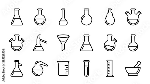 Science laboratory icons set. Chemical flasks, beakers, test tubes. Minimalist line art. Chemistry equipment. Education research symbols. Experiment glassware. Medical lab vector.