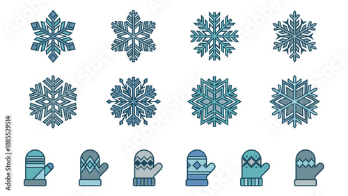 Set of blue winter icons featuring geometric snowflakes and patterned mittens. Christmas holiday decoration elements. Cold weather seasonal symbols. Flat vector design collection.