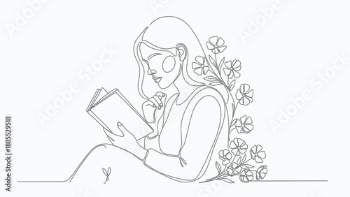 Woman Reading Book with Flowers Nearby.