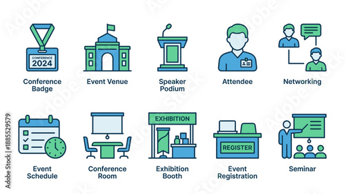 Conference events icon set business meeting seminar. Badge venue podium attendee networking schedule room exhibition booth registration presentation. Corporate professional gathering