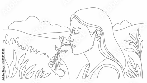 Woman Smelling Flower Line Art Illustration.