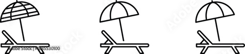 Beach umbrella and sun lounger icon set with outline styles for summer vacation travel resort design vector collection