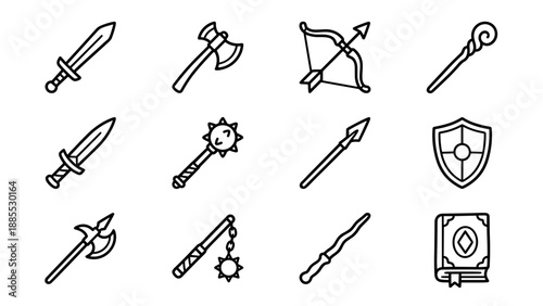 Fantasy RPG weapon line icons. Medieval game armory set. Sword axe bow shield staff mace. Minimalist vector outline. Role playing gear. Adventure equipment. Magic spellbook. War kit.