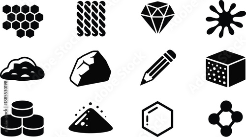 Black silhouette icons illustrating diverse material properties like honeycomb, rocks, braided texture and molecules