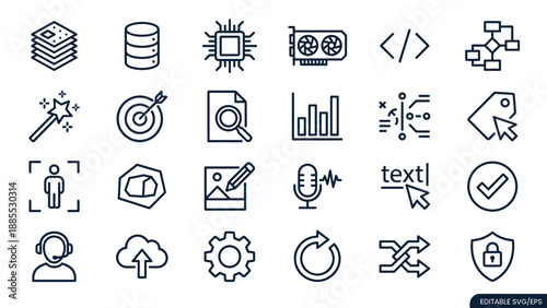 AI and Data Labeling Icon Set. Machine Learning Vector Icons. Database Chip GPU Dataset Technology. Line Art Digital Interface Symbols for Web App Design
