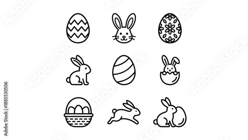 Easter bunny rabbit and decorated egg icon set of 9. Minimalist line art vector icons collection. Spring holiday basket outline symbols. Celebration design elements