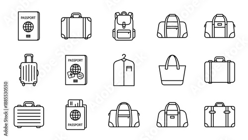 Travel Luggage and Passport Icon Set. 12 Line Art Vector Icons. Suitcase Backpack Duffel Bag Briefcase Tote. Tourism Vacation Trip Journey Holiday Packing
