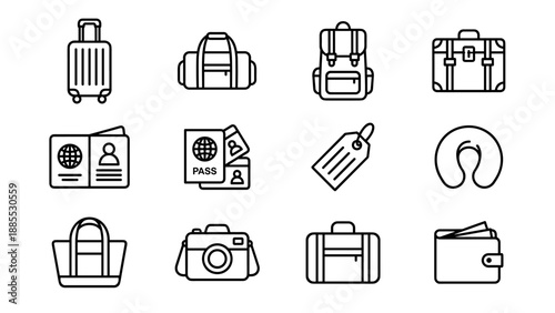 Travel icons set linear style. Tourism luggage passport camera. Vacation trip baggage collection. Minimalist outline symbols. Suitcase backpack wallet. Journey accessories pack.
