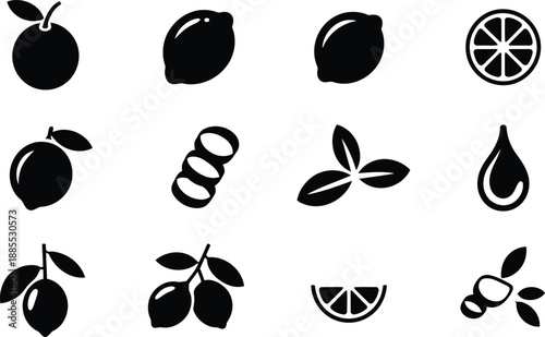 Collection of black silhouette icons depicting lemons, limes, citrus slices, coiled peels, and fresh green leaves