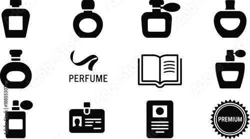 Collection of black silhouette perfume bottle icons with an identification badge and a premium quality symbol
