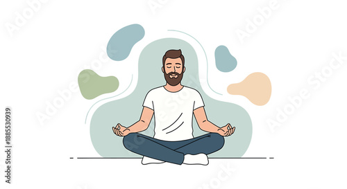 Man Meditating Blissfully in Lotus Pose, Calm, Mindfulness, Flat Design