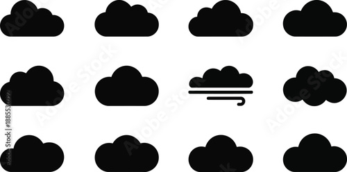 Collection of simple black cloud icons with a minimalistic wind symbol on a clean white field