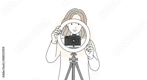 Woman filming with ring light, camera on tripod, influencer and content creation concept